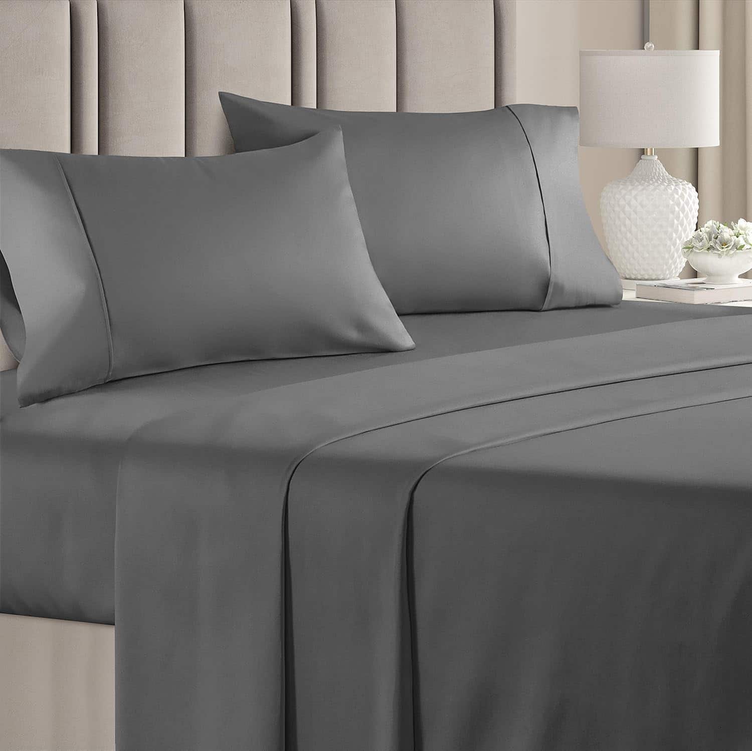 Front. CGK Linens - 100% Cotton 400 Thread Count 4 Piece Sheet Set - Soft & Cozy Sateen Bed Sheets - Full - Dark Grey.