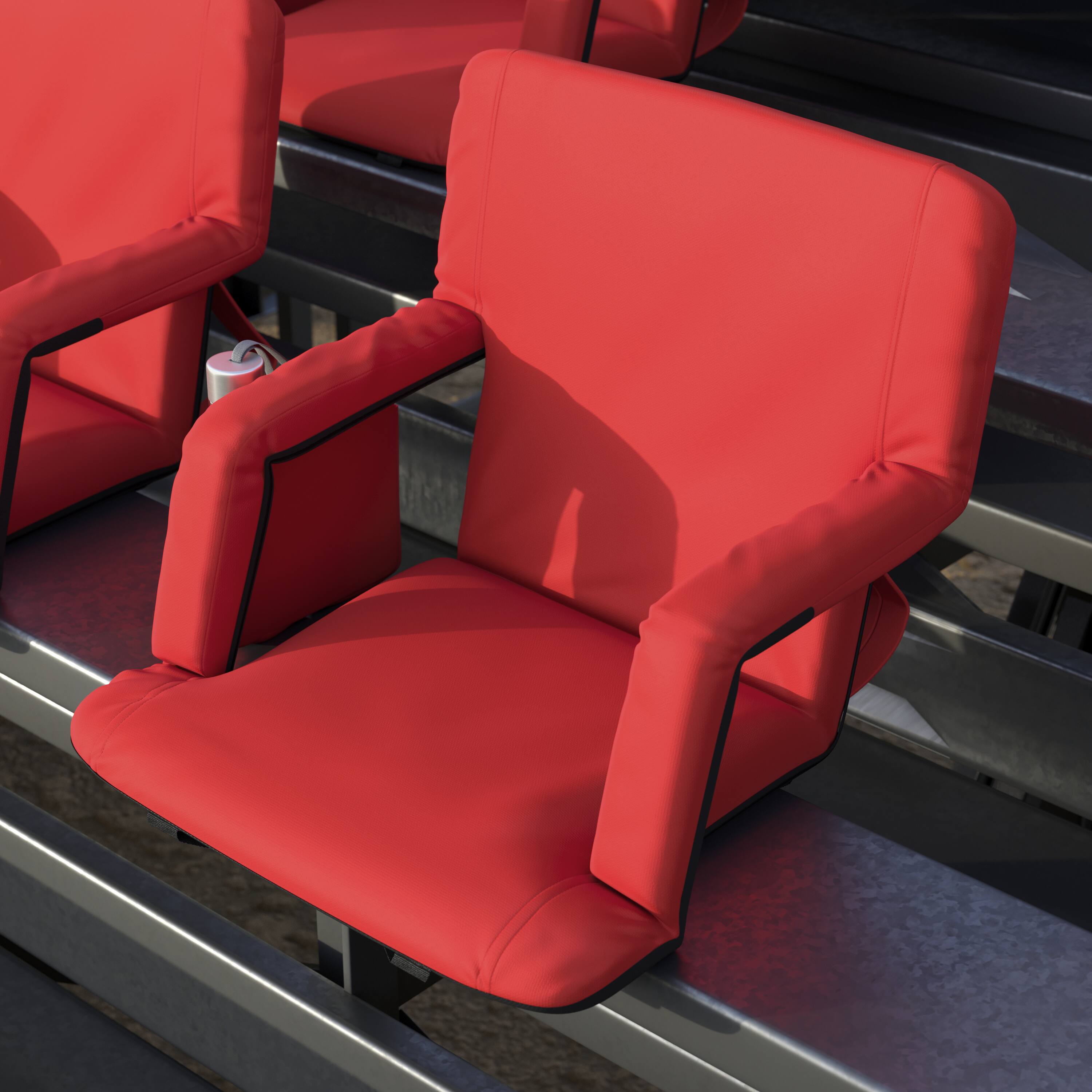 Alt View 4. Emma + Oliver - 2 Pack Folding Metal Stadium Chairs with Padded, Reclining Back & Armrests - Red.