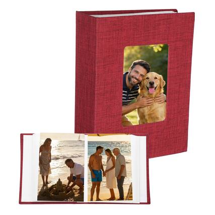 Front. Unique Bargains - Photo Album 6.5x4.9 Inch 100 Photos Linen Cover Photo Book with Display Window for Family Wedding Anniversary - Dark Red.