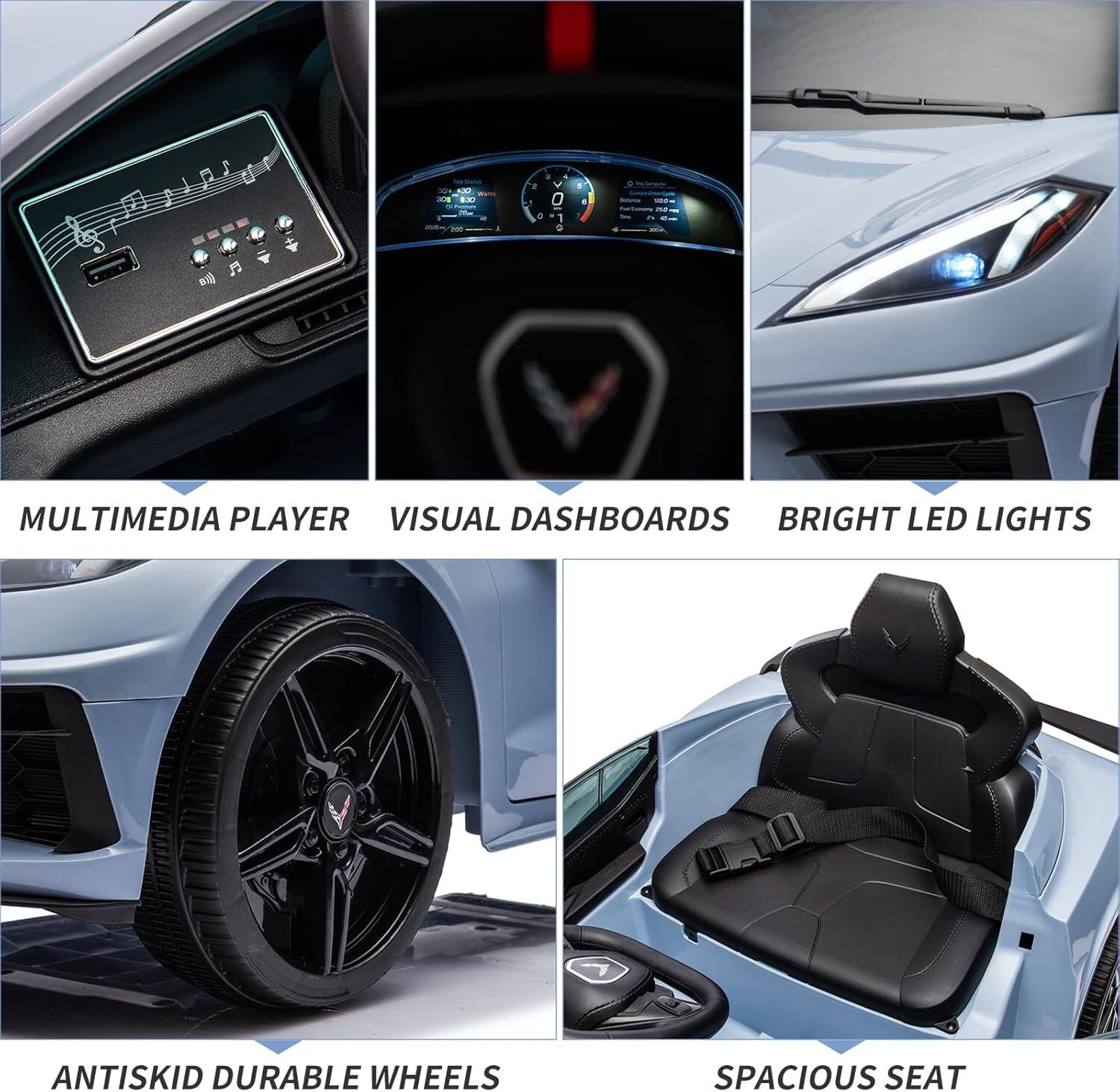 - MULTIMEDIA PLAYER
- VISUAL DASHBOARDS
- BRIGHT LED LIGHTS
- ANTISKID DURABLE WHEELS
- SPACIOUS SEAT