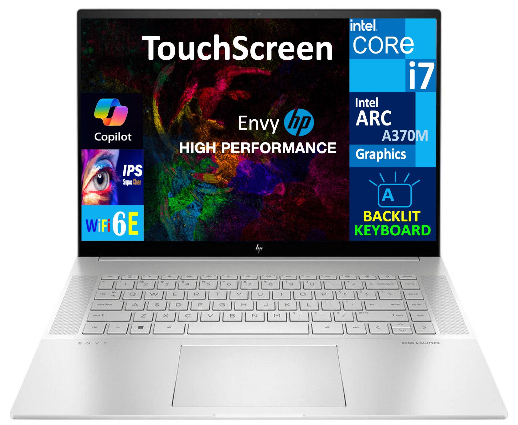 Intel Core i7  
Intel Envy  
HP ARC Copilot  
A370M  
High Performance Graphics  
IPS Super Clear  
Backlit Keyboard  
WiFi 6E