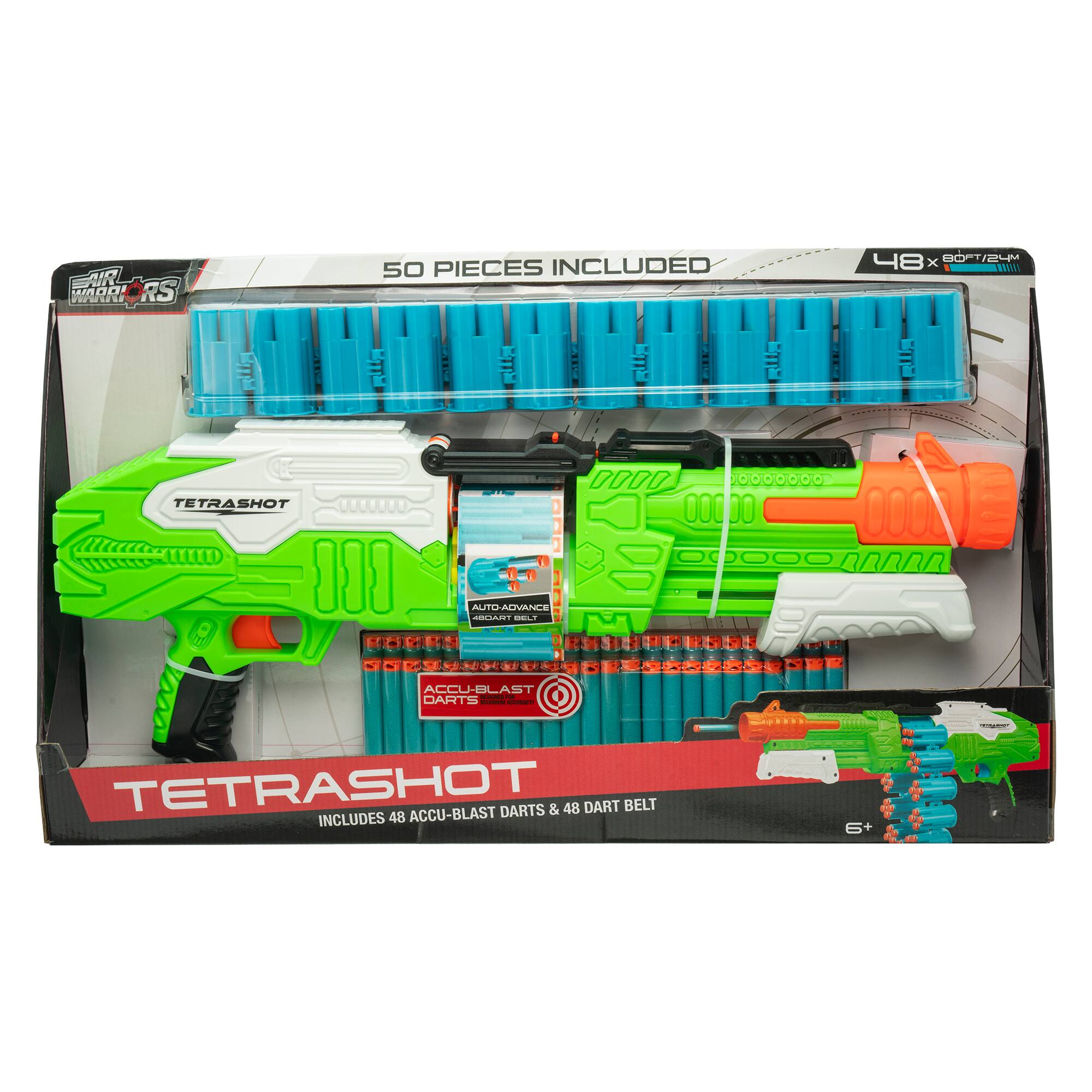 The text on the image reads: "AR True Sado Warriors RS 50 Pieces Included 48 x BOTI2 - TETRASHOT ouA ALIVANE - E ACCU-BLAST - DARTS TETRASHOT ACCU-BLAST DARTS & 48 DART BELT INCLUDES 48 6+".