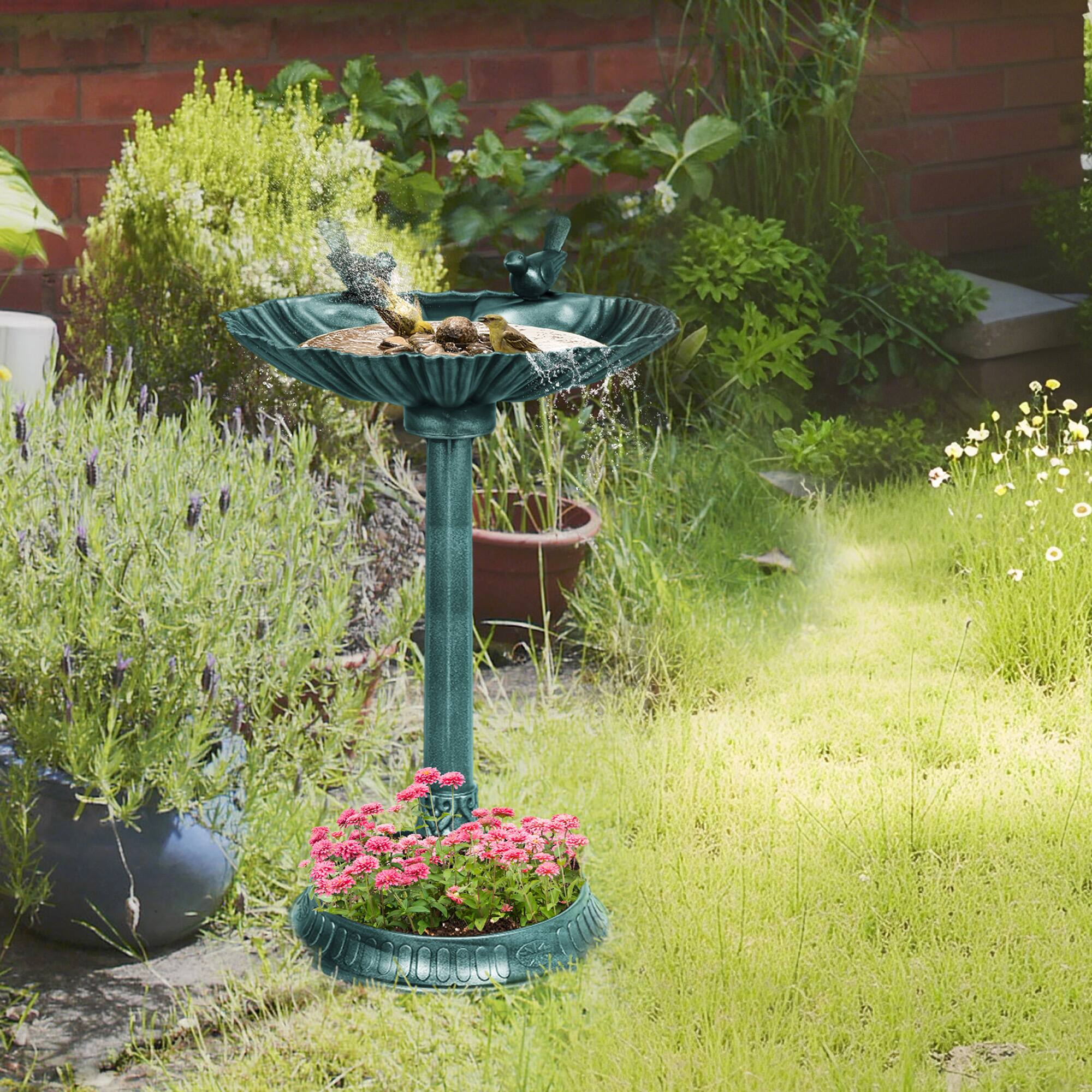 Alt View 1. Outsunny - Antique Bird Bath Decorative Birdbath Bird Feeder Bowl with Planter Pedestal and Bird Statues - Dark Green.