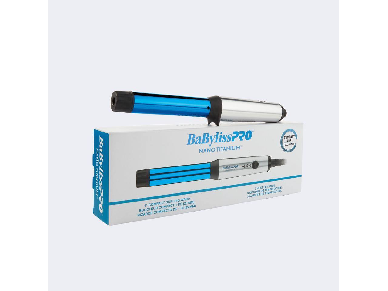 NANO TITANIUM BaBylissPRO COMPACT SIZE FILL POWER NANO TITANIUM BaBylissPRO 3 HEAT SETTINGS / 3 OPTIONS DE TEMPERATURE / 3 AJUSTES DE TEMPERATURA 1" COMPACT CURLING WAND COMPACT PO (25 MM) / BOUCLEUR COMPACTO DE 1 IN (25 MM) / RIZADOR COMPACTO DE 1 IN (25 MM)