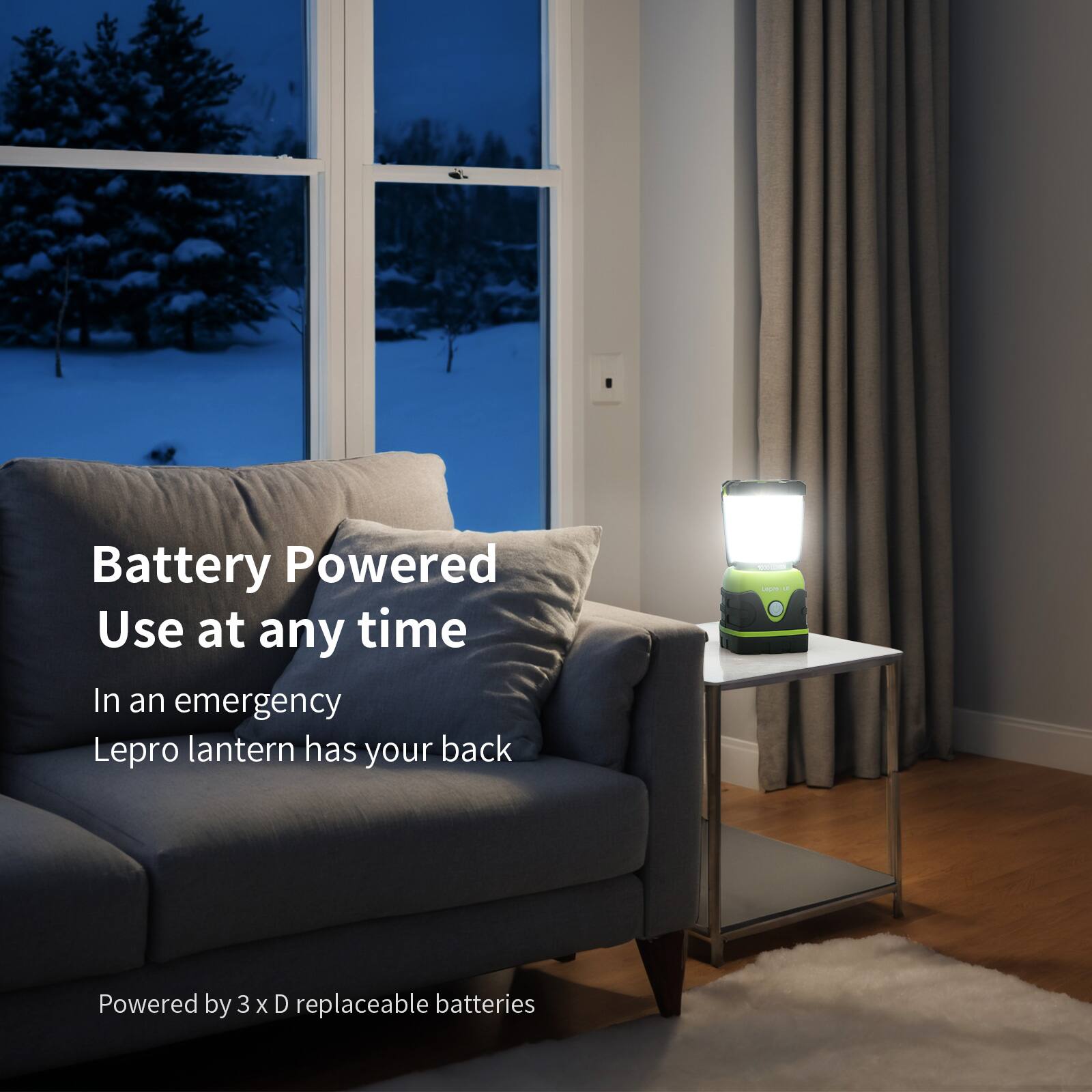 Battery-powered use at any time. In an emergency, a Lepro lantern has your back. It is powered by 3 x D replaceable batteries.
