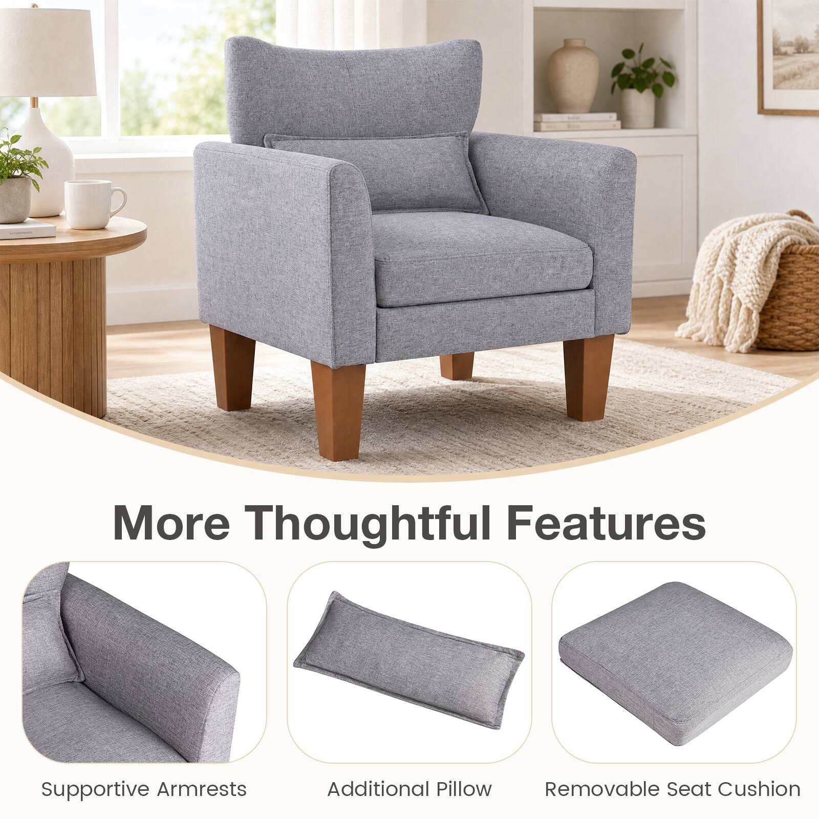 More Thoughtful Features  
Supportive Armrests  
Additional Pillow  
Removable Seat Cushion