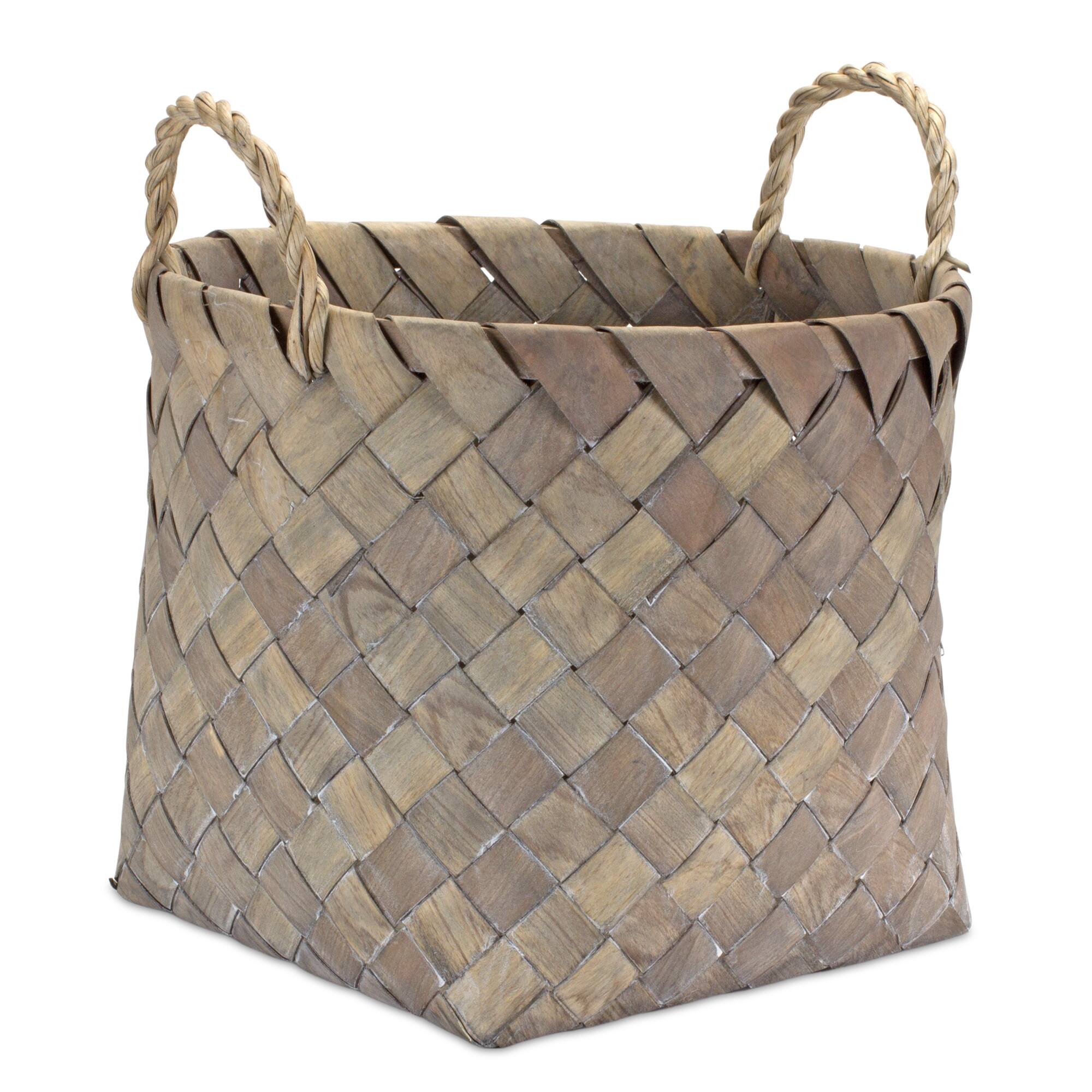 Angle. BreeBe - Natural Woven Wicker Basket with Handles (Set of 3) - Brown, Tan.