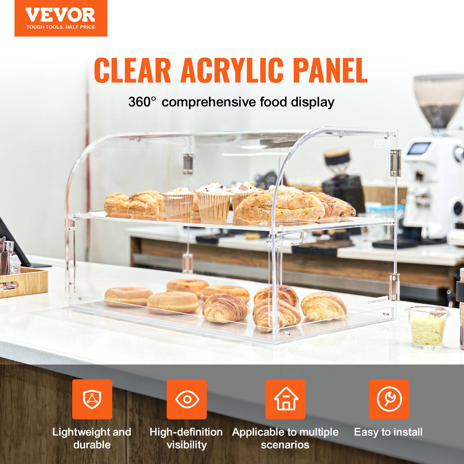 VEVOR  
TOUGH TOOLS, HALF PRICE  

CLEAR ACRYLIC PANEL  
360° comprehensive food display  

- Lightweight and durable  
- High-definition visibility  
- Applicable to multiple scenarios  
- Easy to install