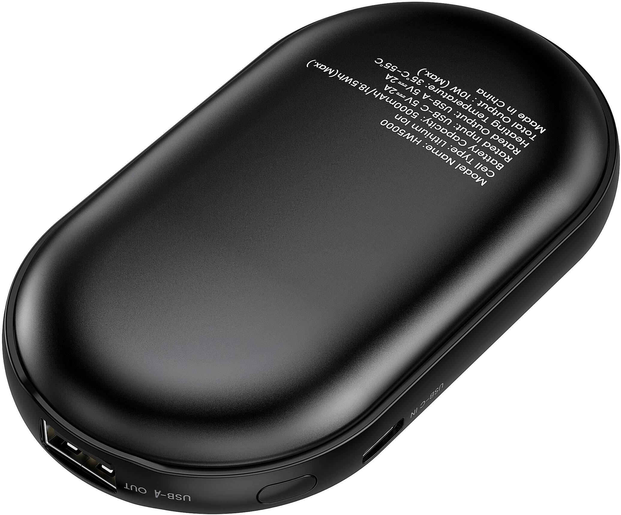 The text on the image reads: "35C-55C 5V-2A (Max.) (XPP)U1/A lon USB-C USB-A Temperature: 10W Output: : China in Made HW5000 Lithium Input: Heating Total Name: Type: Battery Rated Model Cell -8 N OUT USB-A."
