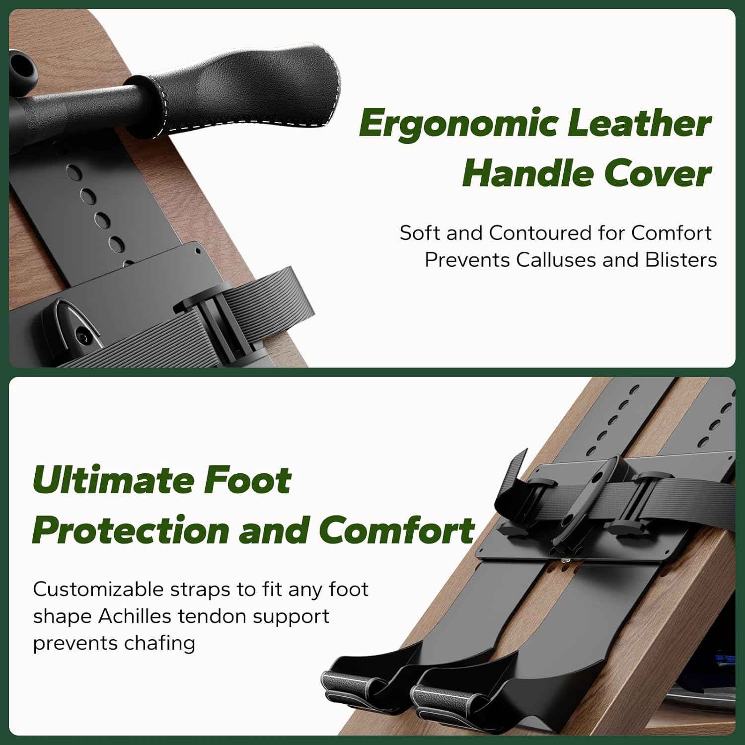Ergonomic Leather Handle Cover  
Soft and Contoured for Comfort  
Prevents Calluses and Blisters  

Ultimate Foot Protection and Comfort  
Customizable straps to fit any foot shape  
Achilles tendon support prevents chafing