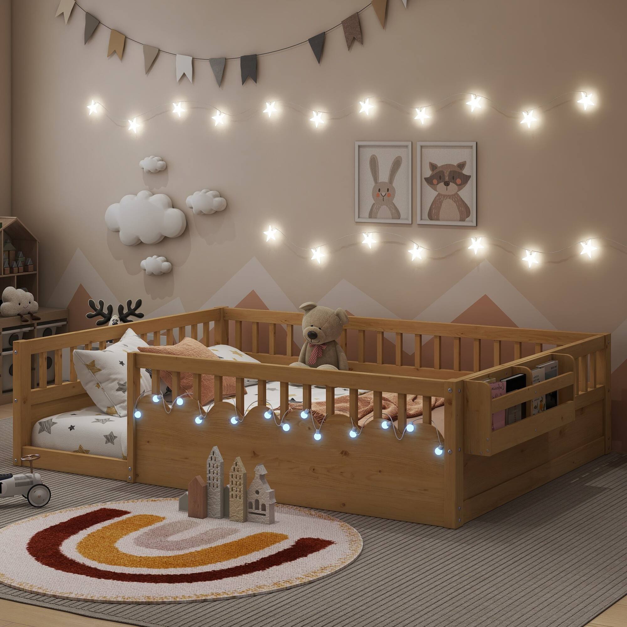 Alt View 1. GOODSILO - Full Size Low Profile Children's Floor Bed Frame Integrated LED Lighting and Convenient Storage Shelf - Natural.