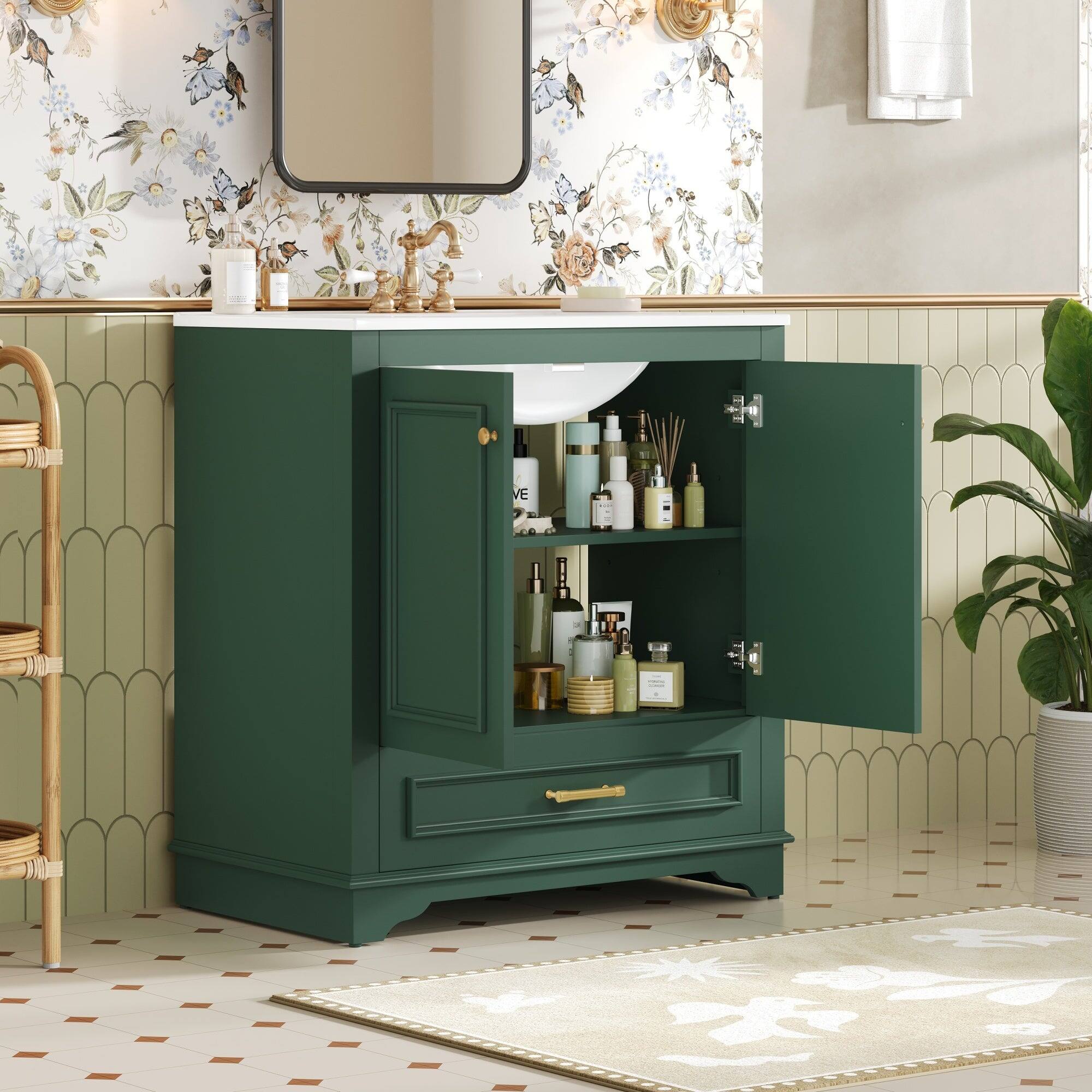 Alt View 2. Boyel Living - 30 Inch Bathroom Vanity with Ceramic Sink Solid Wood Frame Green - Green.