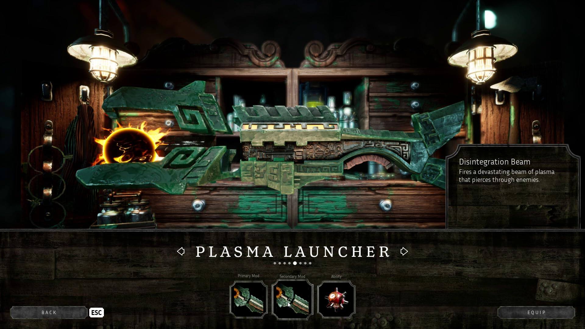 Disintegration Beam  
Fires a devastating beam of plasma that pierces through enemies.  

PLASMA LAUNCHER  
Primary Mod  
Secondary Mod  
Ability  

BACK  
ESC  
EQUIP