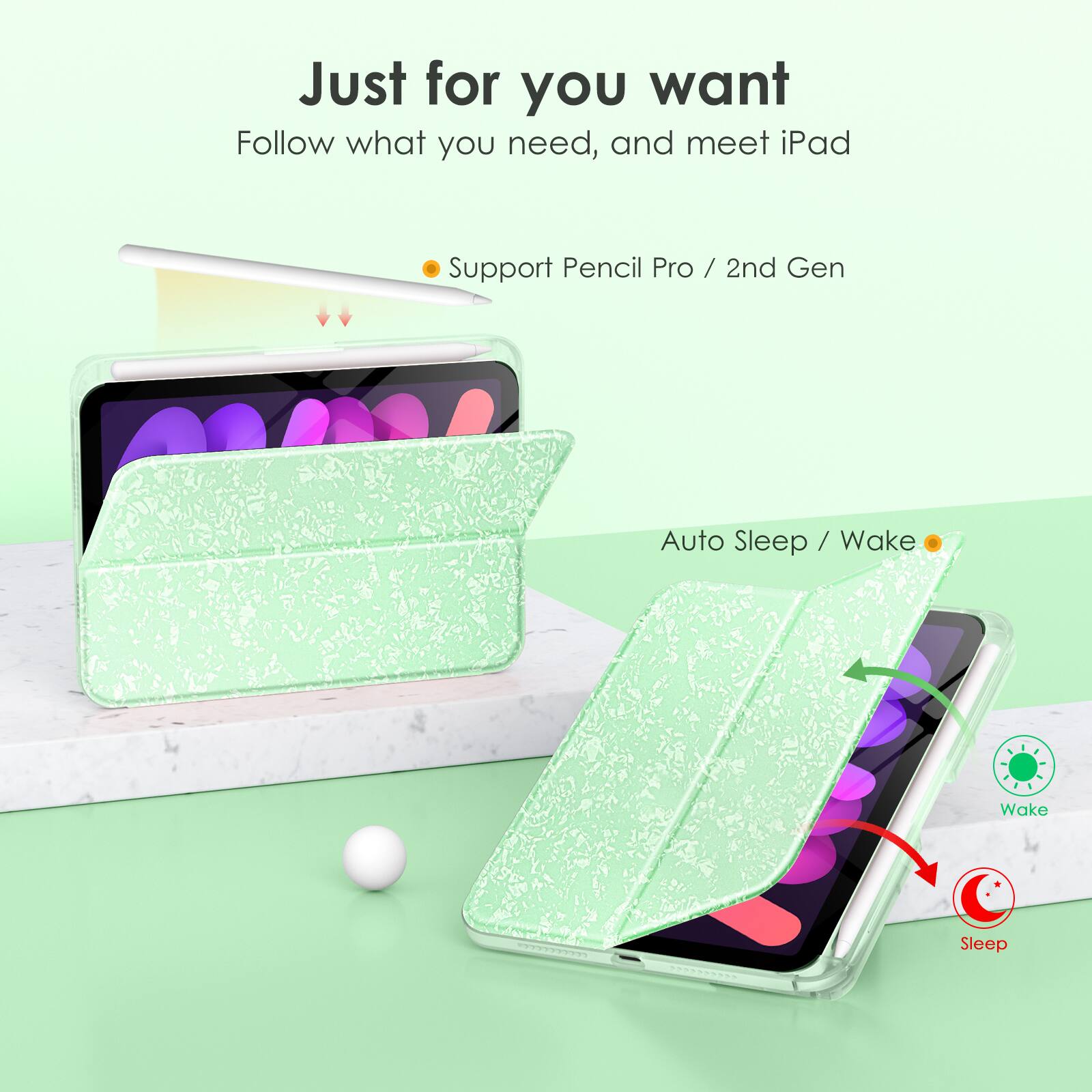 Just for you want  
Follow what you need, and meet iPad  

- Support Pencil Pro / 2nd Gen  
- Auto Sleep / Wake  

Wake  
Sleep
