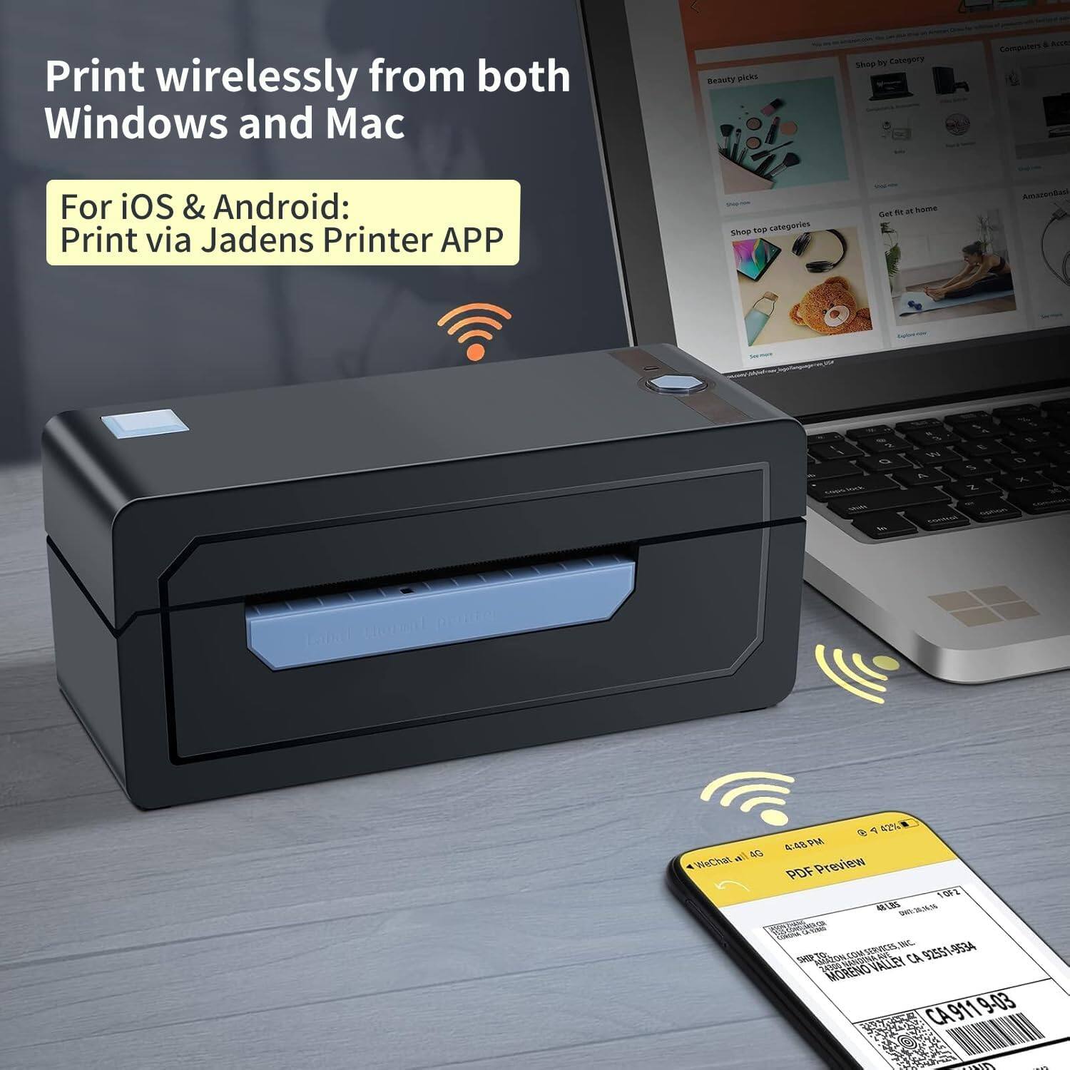 Alt View 1. JADENS - 268BT High-Speed Thermal Label Printer  – Bluetooth & USB, Ink-Free & BPA-Free, Includes 500 4x6 Shipping Labels - Black.