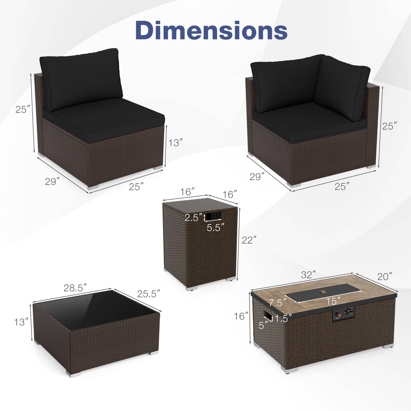 Dimensions: 25" x 13" x 25" x 29" x 25" x 16" x 16" x 29" x 25" x 2.5" x 5.5" x 22" x 13" x 28.5" x 25.5" x 32" x 7.5" x 15" x 16" x 5" x 51.5" x 20"