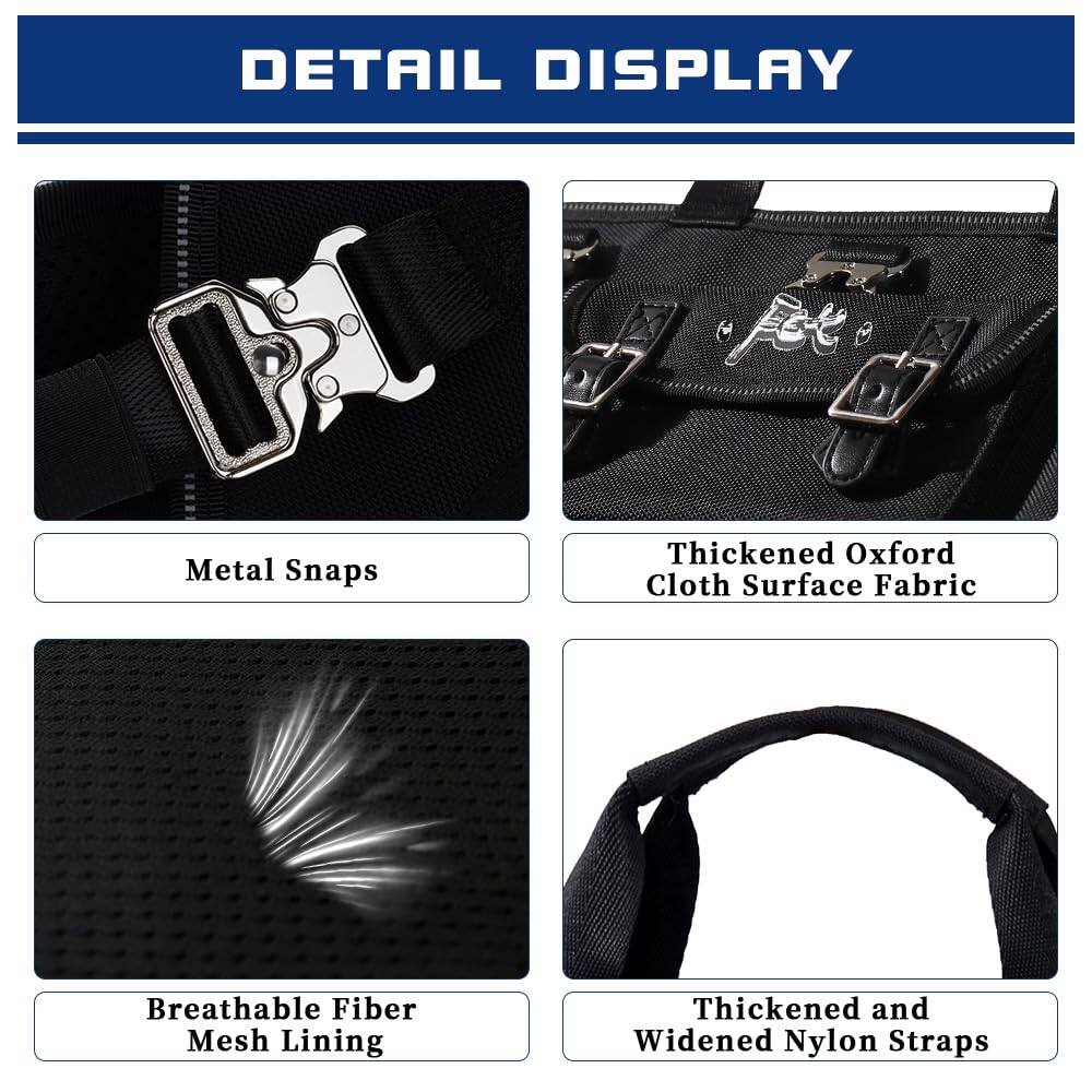 DETAIL DISPLAY

- Metal Snaps
- Thickened Oxford Cloth Surface Fabric
- Breathable Fiber Mesh Lining
- Thickened and Widened Nylon Straps