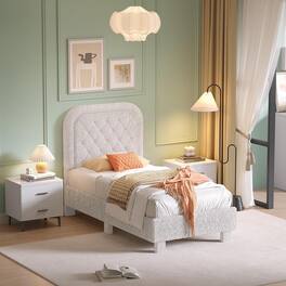 Winado - Bed Frame with Headboard,Cozy Soft Platform Bed with Wooden Slats Support Cream Modern Style,Noise Free,Rounded Corners - Twin-White