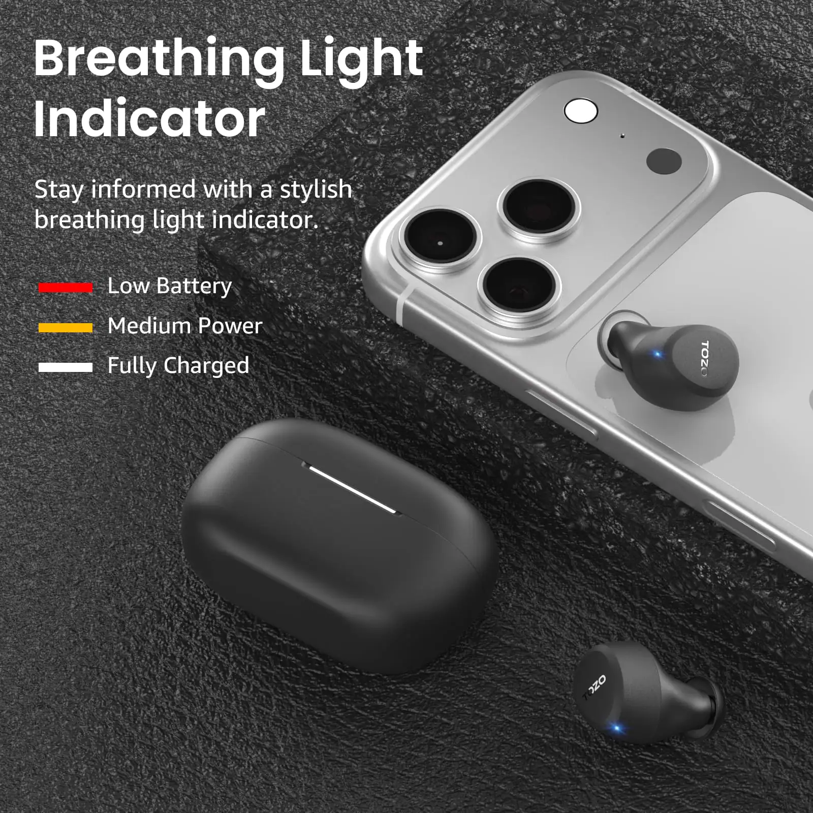 Breathing Light Indicator

Stay informed with a stylish breathing light indicator.

- Low Battery
- Medium Power
- Fully Charged

TOZO 9O