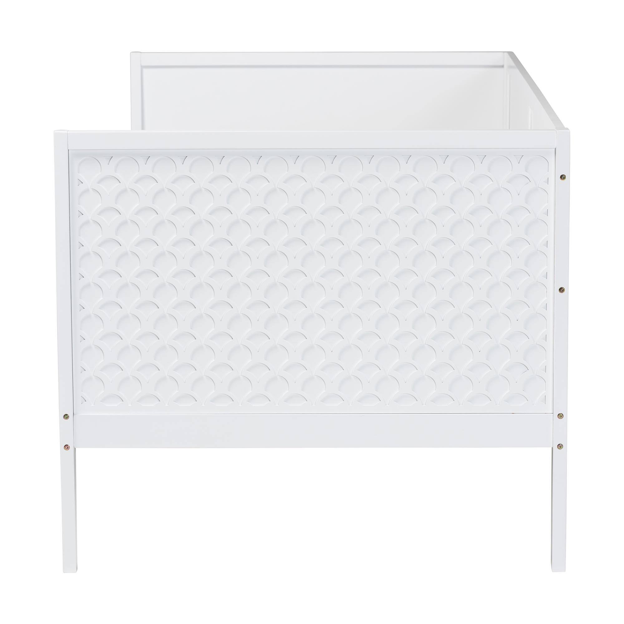 Angle. Baxton Studio - Lara Twin Daybed - Modern Wood Bed Frame with Wraparound Laser-Cut Decorative Headboard Overlay - White.
