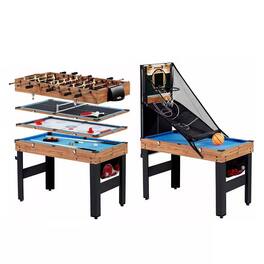 SlickBlue - 5-in-1 Game Table – Foosball, Pool, Basketball, Ping Pong, and Slide Hockey - Brown, Black