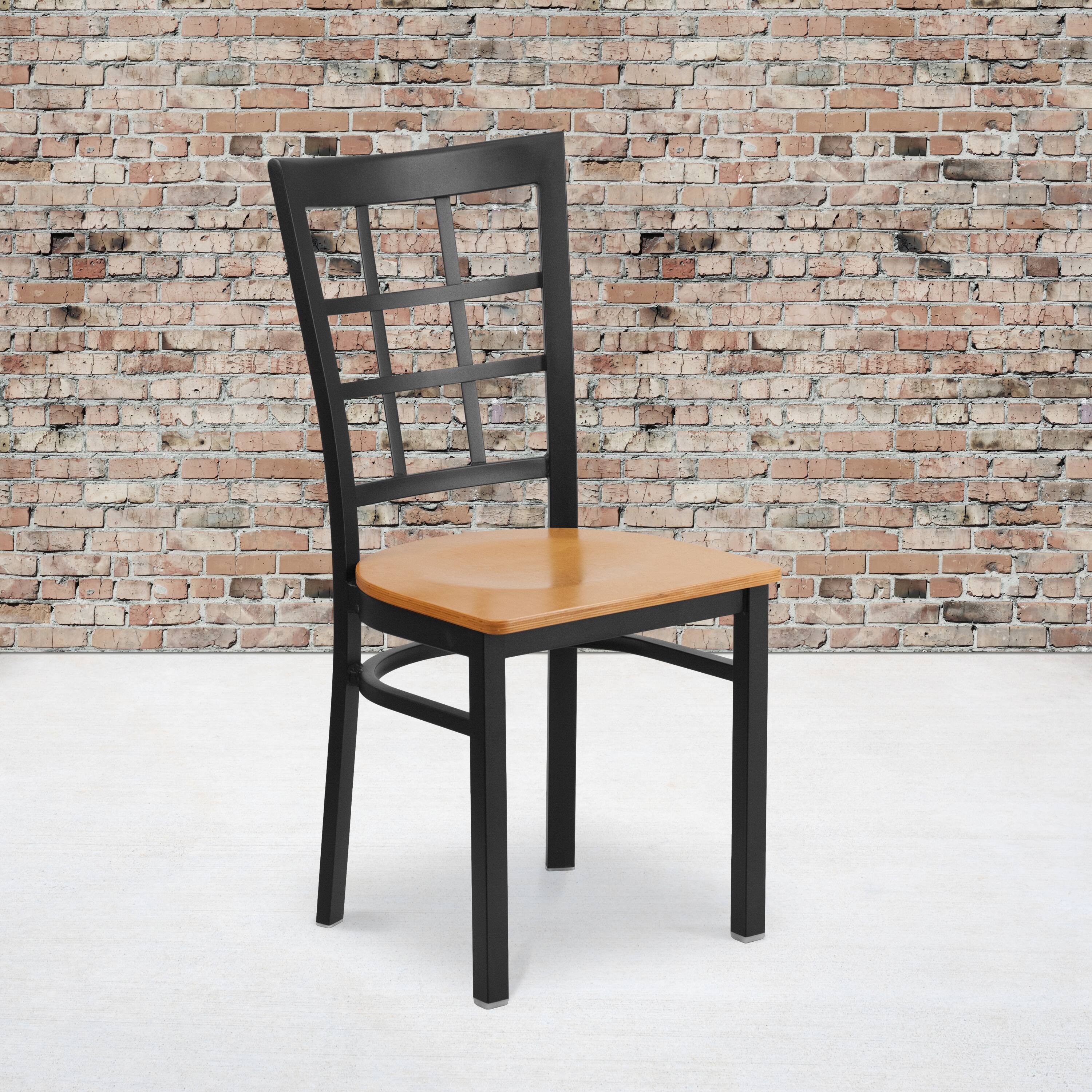 Alt View 2. Emma + Oliver - 2 Pack Window Back Metal Restaurant Chair - Natural Wood Seat/Black Metal Frame.