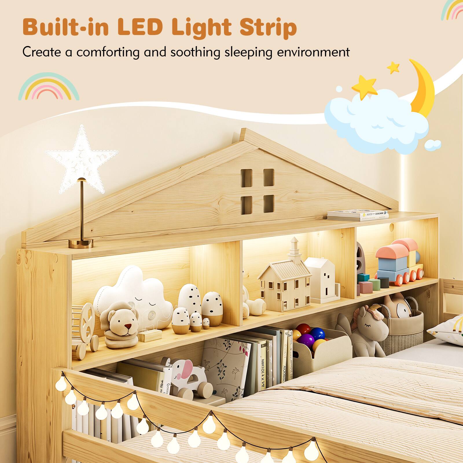 Built-in LED Light Strip  
Create a comforting and soothing sleeping environment