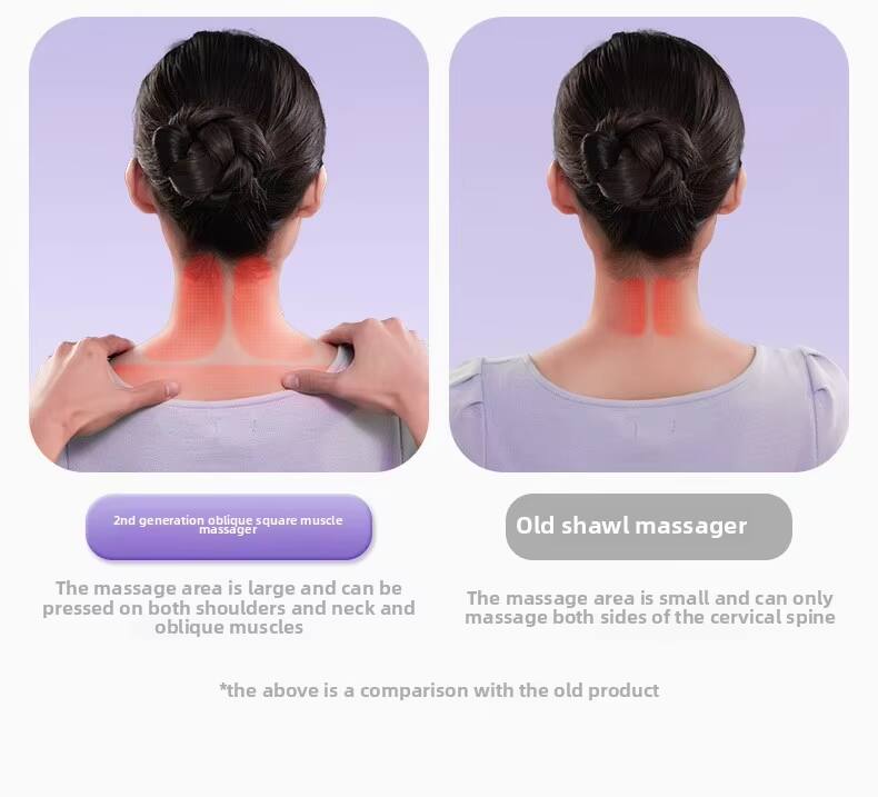 2nd generation oblique square muscle massager  
The massage area is large and can be pressed on both shoulders and neck and oblique muscles  

Old shawl massager  
The massage area is small and can only massage both sides of the cervical spine  

*the above is a comparison with the old product