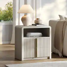 ModernMate - 23.6"Modern Fluted Nightstand, 2 Drawer Bedside Table with Open Shelf, Curve Profile Design - White Alder