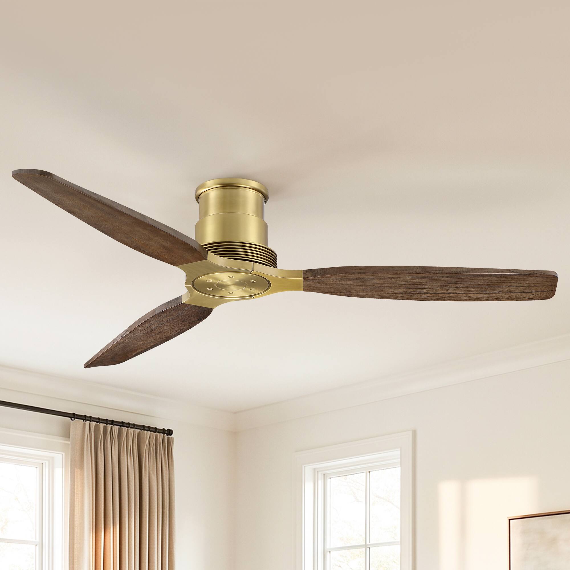 Front. Parrot Uncle - 48" Mid Century Modern Solid Wood Lightweight Flush Mount Ceiling Fan with Remote,No Light 6-Speed DC Motor - Gold.