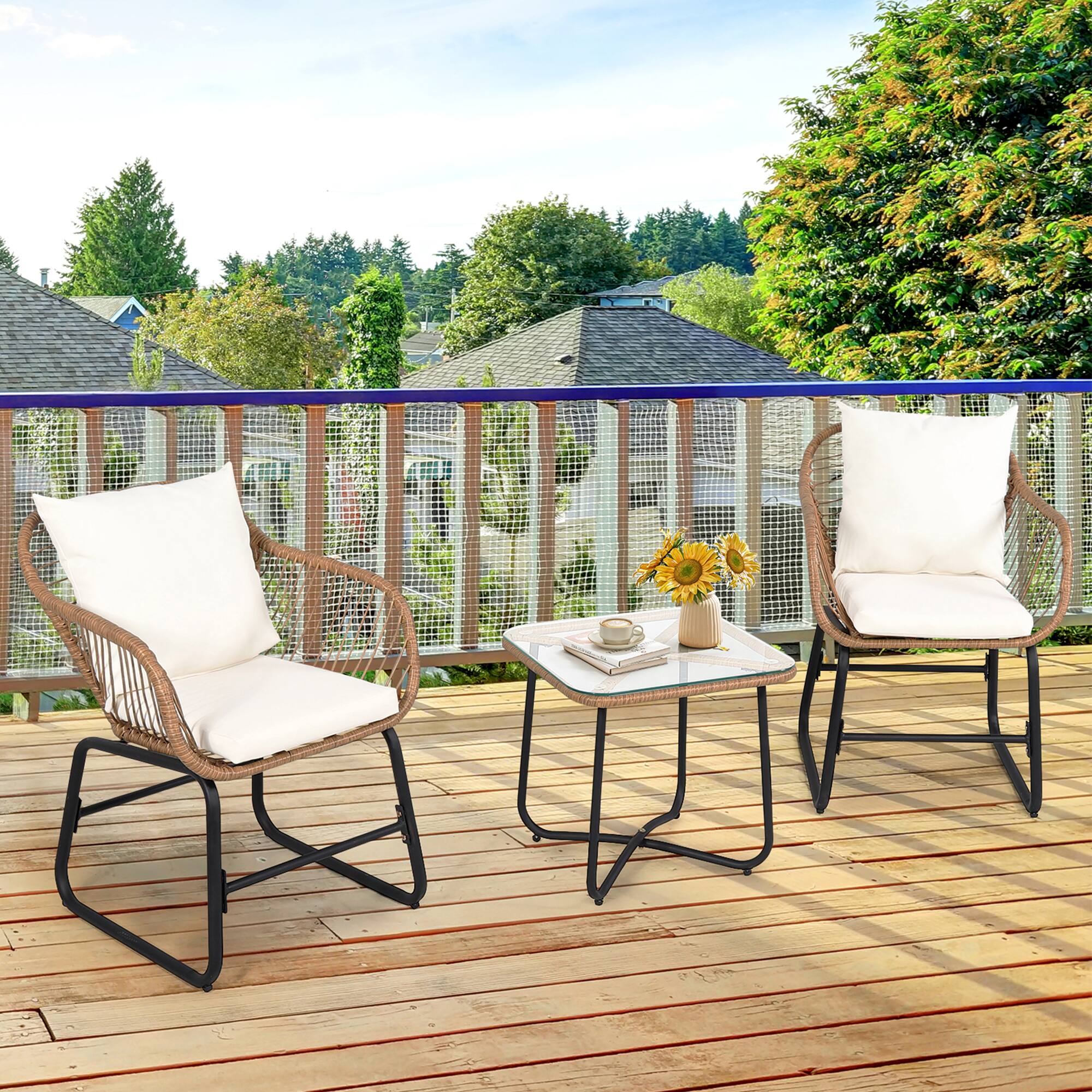 Gymax - 3PCS Outdoor Bistro Set Rattan Patio Conversation Set w/ Cushions - Off White