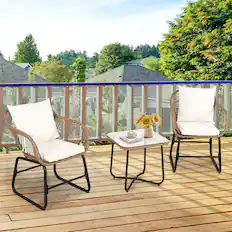 Front. Gymax - Gymax 3PCS Outdoor Bistro Set Rattan Patio Conversation Set w/ Off White Cushions - Off White.