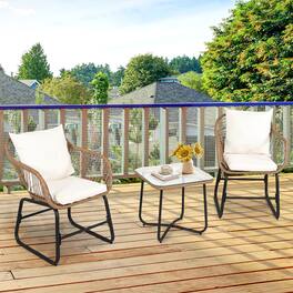 Gymax - 3PCS Outdoor Bistro Set Rattan Patio Conversation Set w/ Cushions - Off White