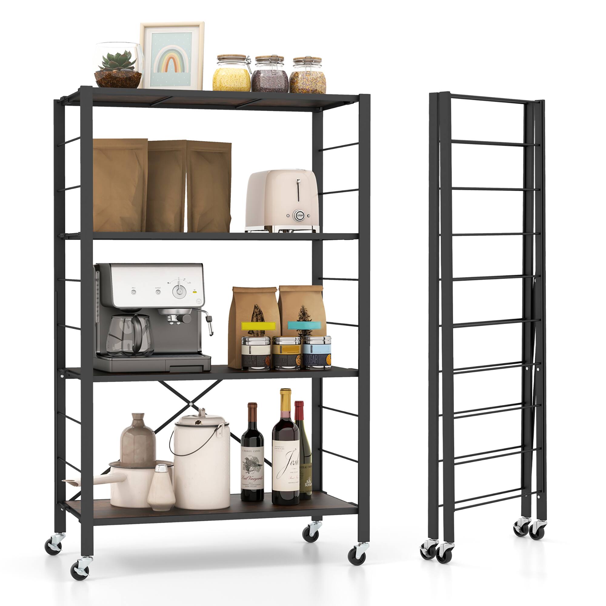 Front. Gymax - Gymax 4-tier Foldable Storage Shelf w/ Lockable Wheels Home Shelving Unit for Tool Room - Black, Rustic Brown.