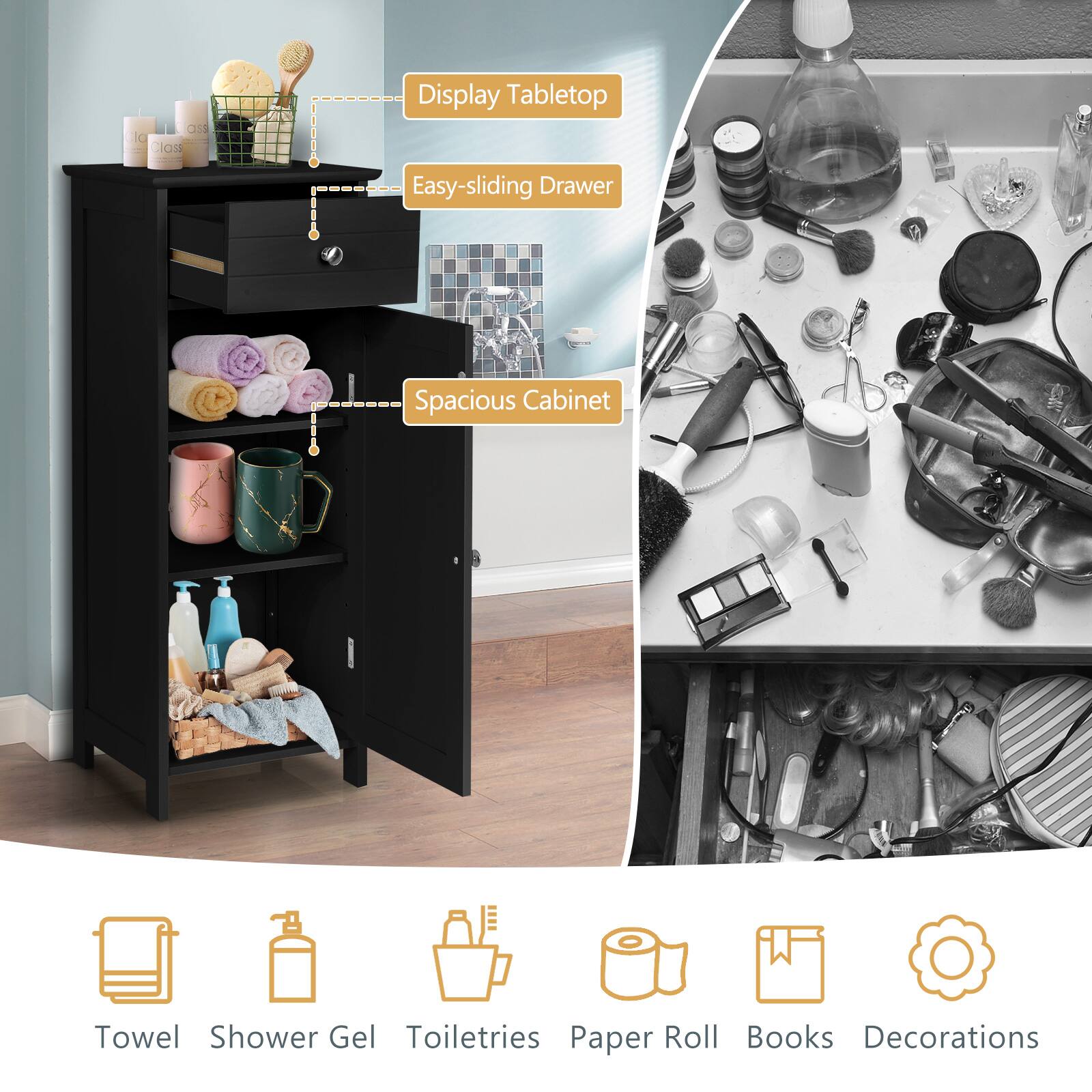 Display Tabletop, Easy-sliding Drawer, Spacious Cabinet, Towel, Shower Gel, Toiletries, Paper Roll, Books, Decorations