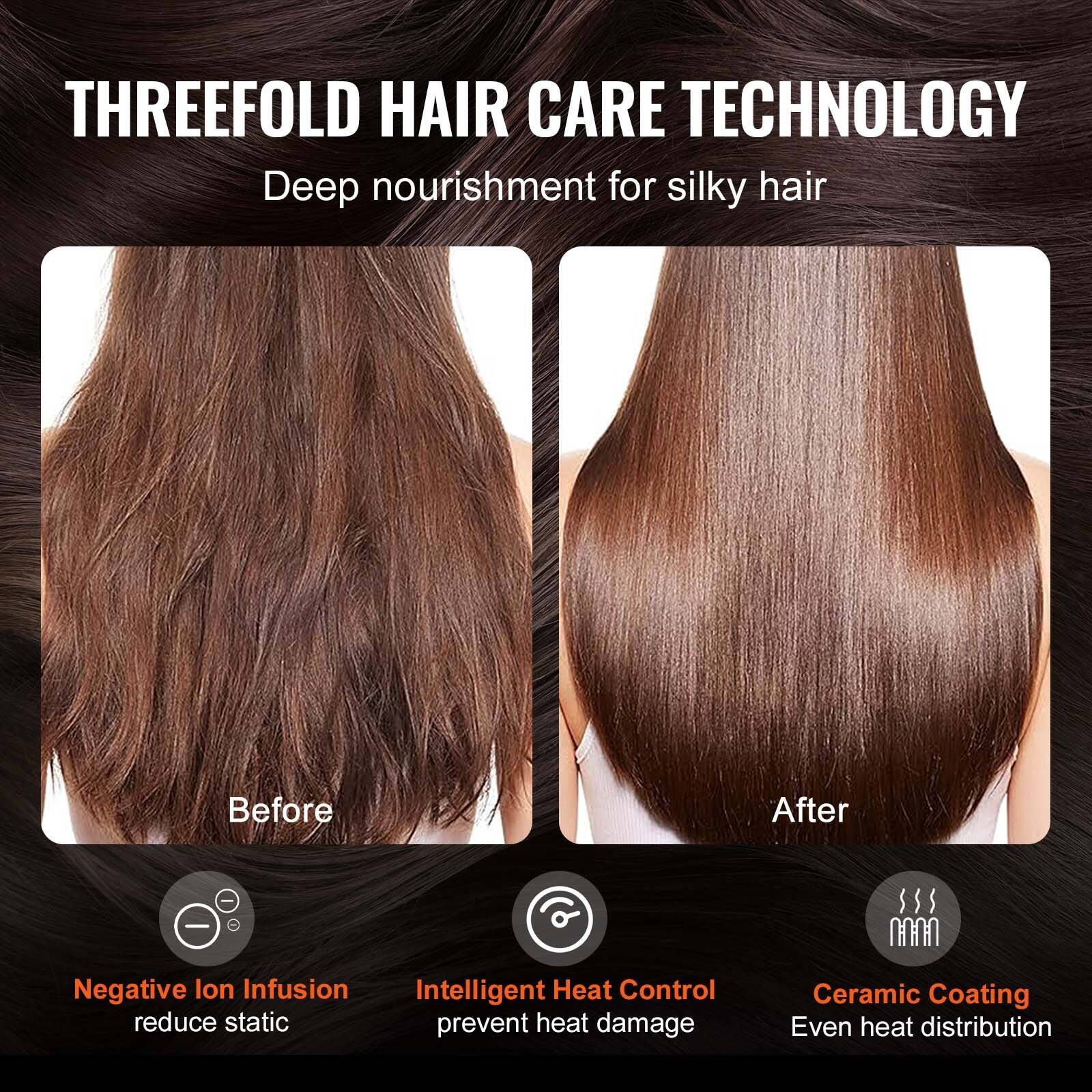 **THREEFOLD HAIR CARE TECHNOLOGY**  
Deep nourishment for silky hair

**Before**  
**After**

- Negative Ion Infusion  
  reduce static

- Intelligent Heat Control  
  prevent heat damage

- Ceramic Coating  
  Even heat distribution