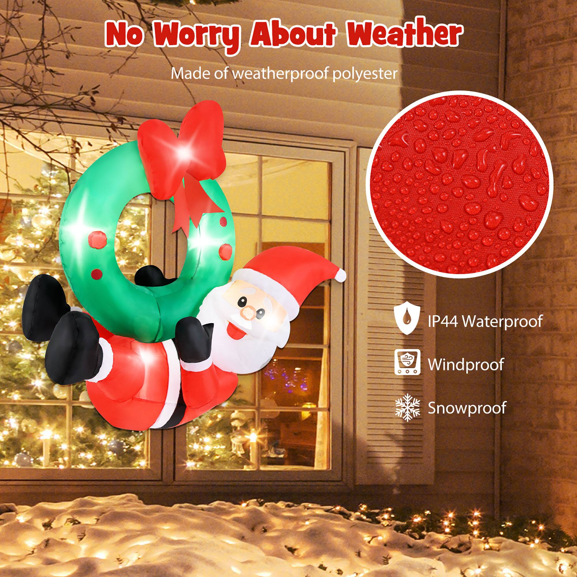 No Worry About Weather

Made of weatherproof polyester

IP44 Waterproof

Windproof

Snowproof