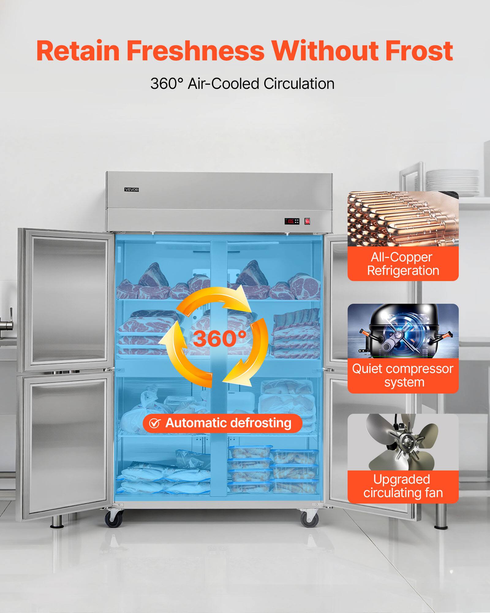 Retain Freshness Without Frost  
360° Air-Cooled Circulation  
All-Copper Refrigeration  
Quiet compressor system  
Automatic defrosting  
Upgraded circulating fan