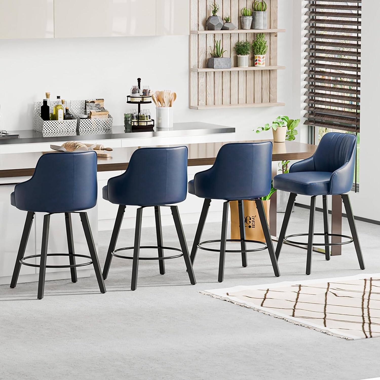 Alt View 6. Winado - 26" H Swivel Barstools Counter Height Bar Stool Modern Counter Stool with Back Kitchen High Chairs Solid Wood Legs - Dark Blue Pu-Set of 1.