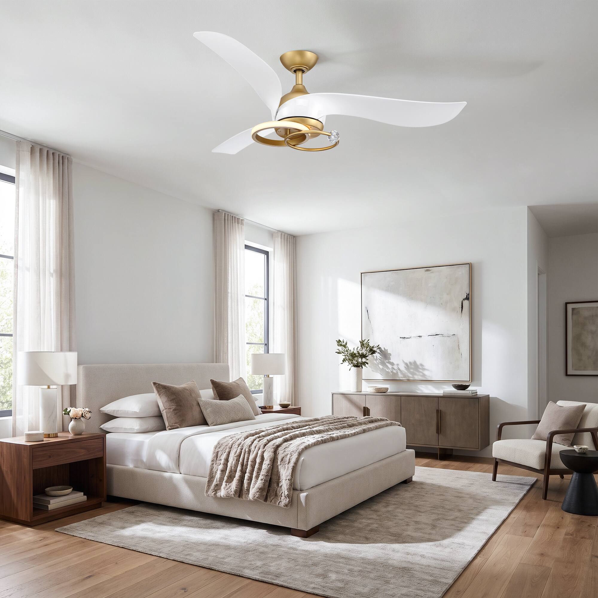 Left. Parrot Uncle - 52 Inch Modern Luxury 3 Blade Ceiling Fan with Dual Ring Crystal LED Light 6 Speed DC Motor and Remote Control - White.