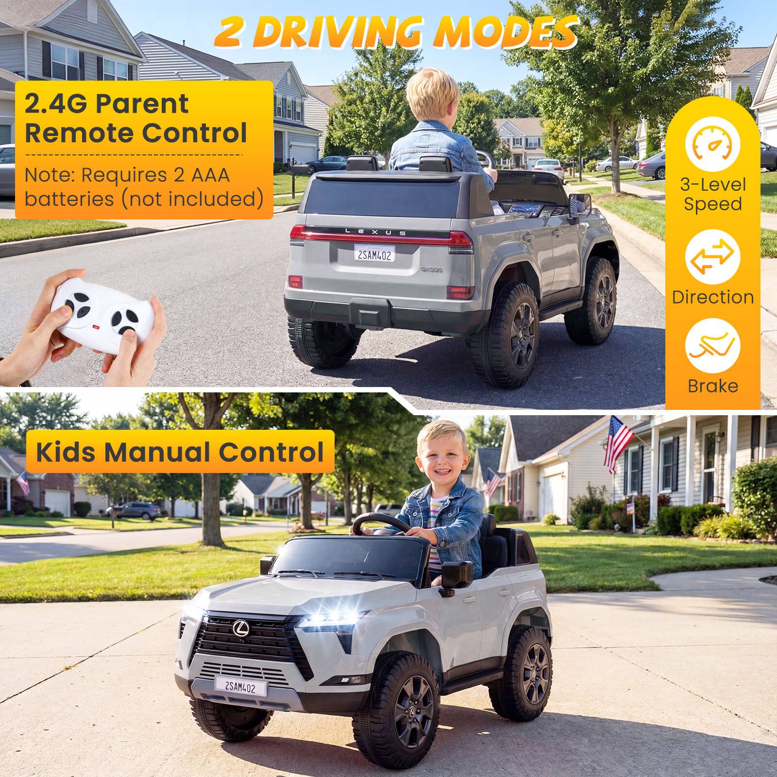 2 DRIVING MODES

2.4G Parent Remote Control  
Note: Requires 2 AAA batteries (not included)

3-Level Speed  
Direction  
Brake

Kids Manual Control