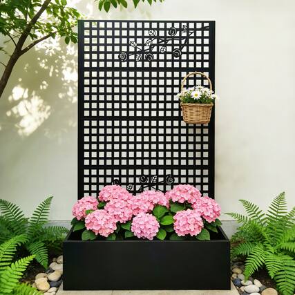 Front. Loheer - Metal Planter Box with Trellis, 5.9 ft H Raised Garden Bed Privacy Screen for Patio Balcony - Black.