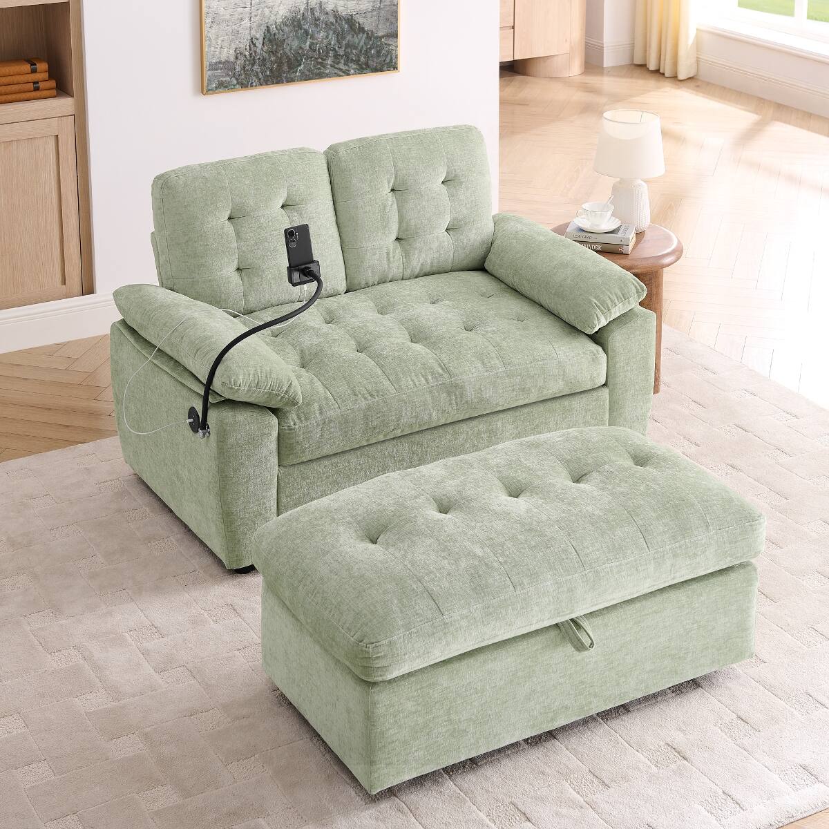 Angle. Ropilly - Ropilly Manual Recliner Loveseat with USB Port, Cyan Chenille 2 Seat Sofa with Storage Ottoman - Cyan.