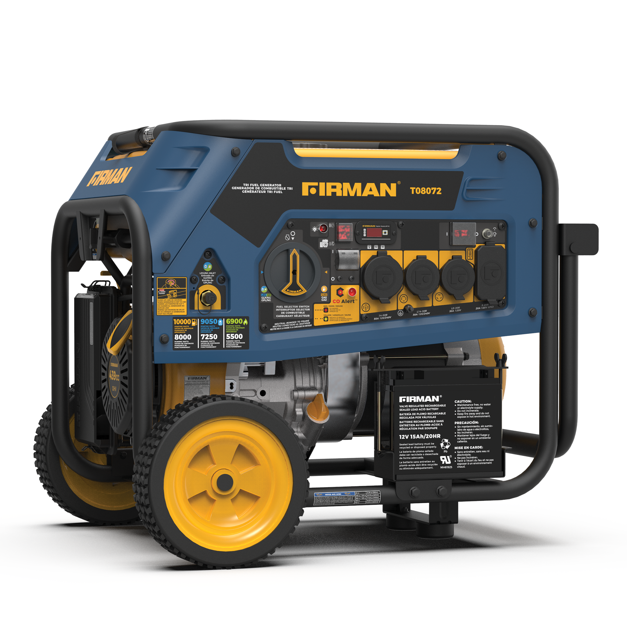 Firman - T08072 Electric Start 120/240V RV Ready 10000-Watt Tri Fuel (Gasoline/Propane/Natural Gas) Portable Generator - Blue, Black, Gold