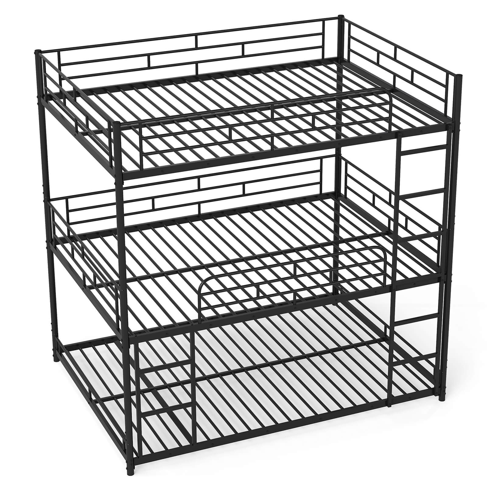 Costway - Full Over Full Over Full Metal Bed Frame Heavy-Duty Triple Bunk Bed w/Dual Ladders - Black