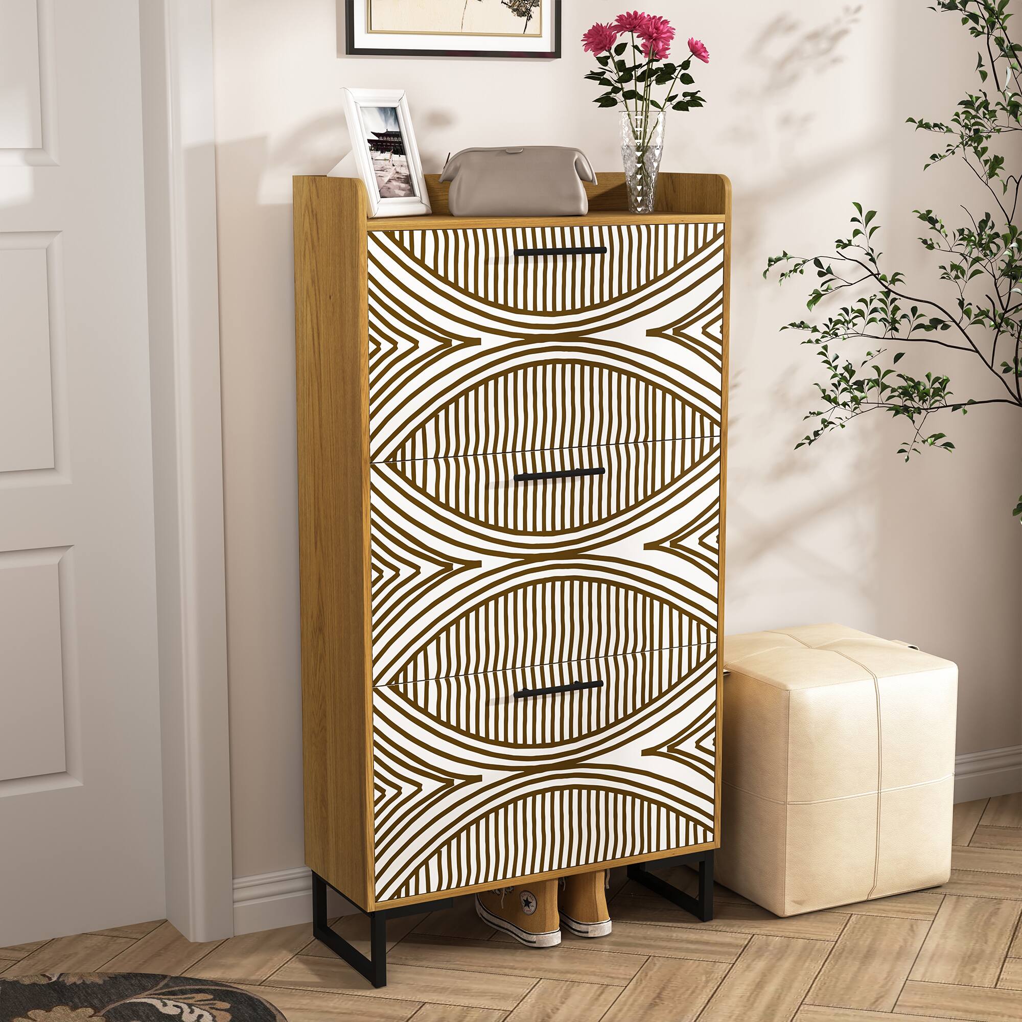 Angle. Spaco - 3 Flip Drawers Shoe Cabinet For Entryway, Slim Hidden Shoe Storage Cabinet, Narrow Shoe Rack Organizer - Brown.