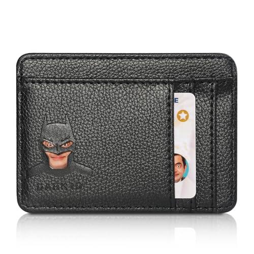 Front. Vulpecula Spade - Dark ID Slim Leather Wallet for Men - Minimalist RFID Blocking Front Pocket Wallet - Superhero Face Eyes Cutout Card - Black.
