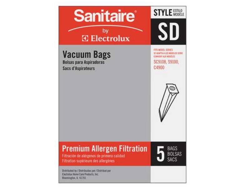 Sanitaire by Electrolux

Vacuum Bags  
Bolsas para Aspiradoras  
Sacs d'Aspirateurs

Premium Allergen Filtration  
Filtración de alérgenos de primera calidad  
Filtration supérieure des allergènes

5 BAGS  
5 BOLSAS  
5 SACS

STYLE  
ESTILO  
MODELE  
SD

FITS MODELS:  
SC9108, S9100,  
C4900

Distributed by / Distribuidas por / Distribut par  
Electrolux Home Care Products, Inc.  
Bloomington, IL 61201