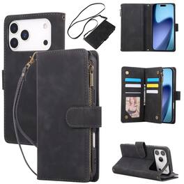 UUCOVER - Zipper Wallet Case for Apple iPhone 17 Pro Max with Card Slots Cash Holder, Wrist and Shoulder Strap, Flip Stand Cover - Black