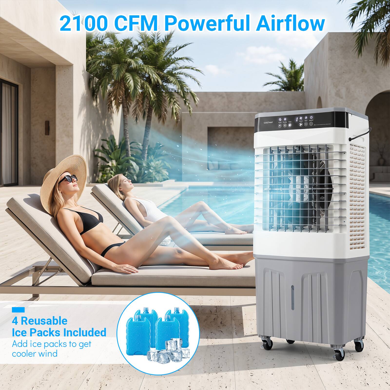 2100 CFM Powerful Airflow

4 Reusable Ice Packs Included
Add ice packs to get cooler wind